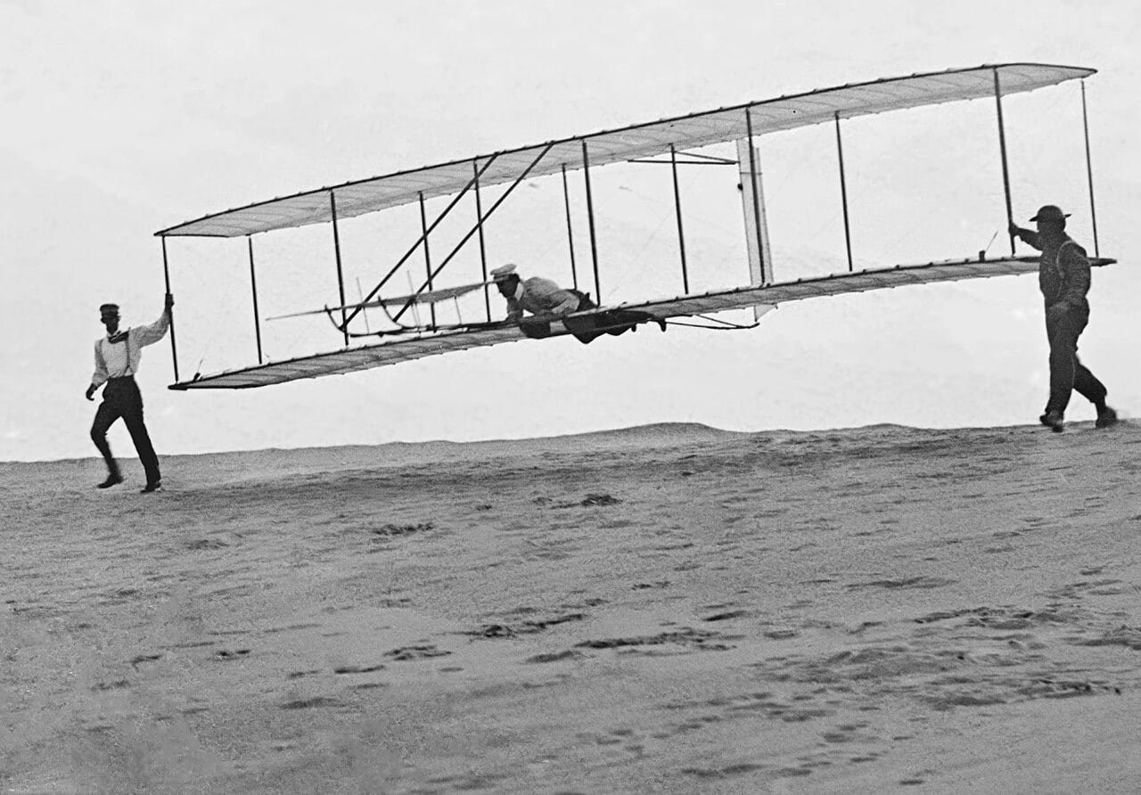 1902 Wright glider being launched at Kill Devil Hills