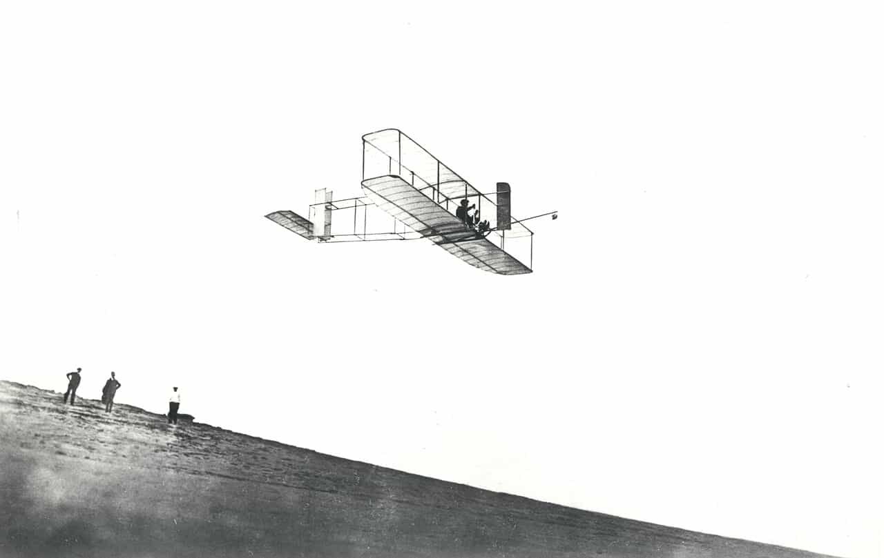 Orville Wright flying a glider at Kitty Hawk North Carolina