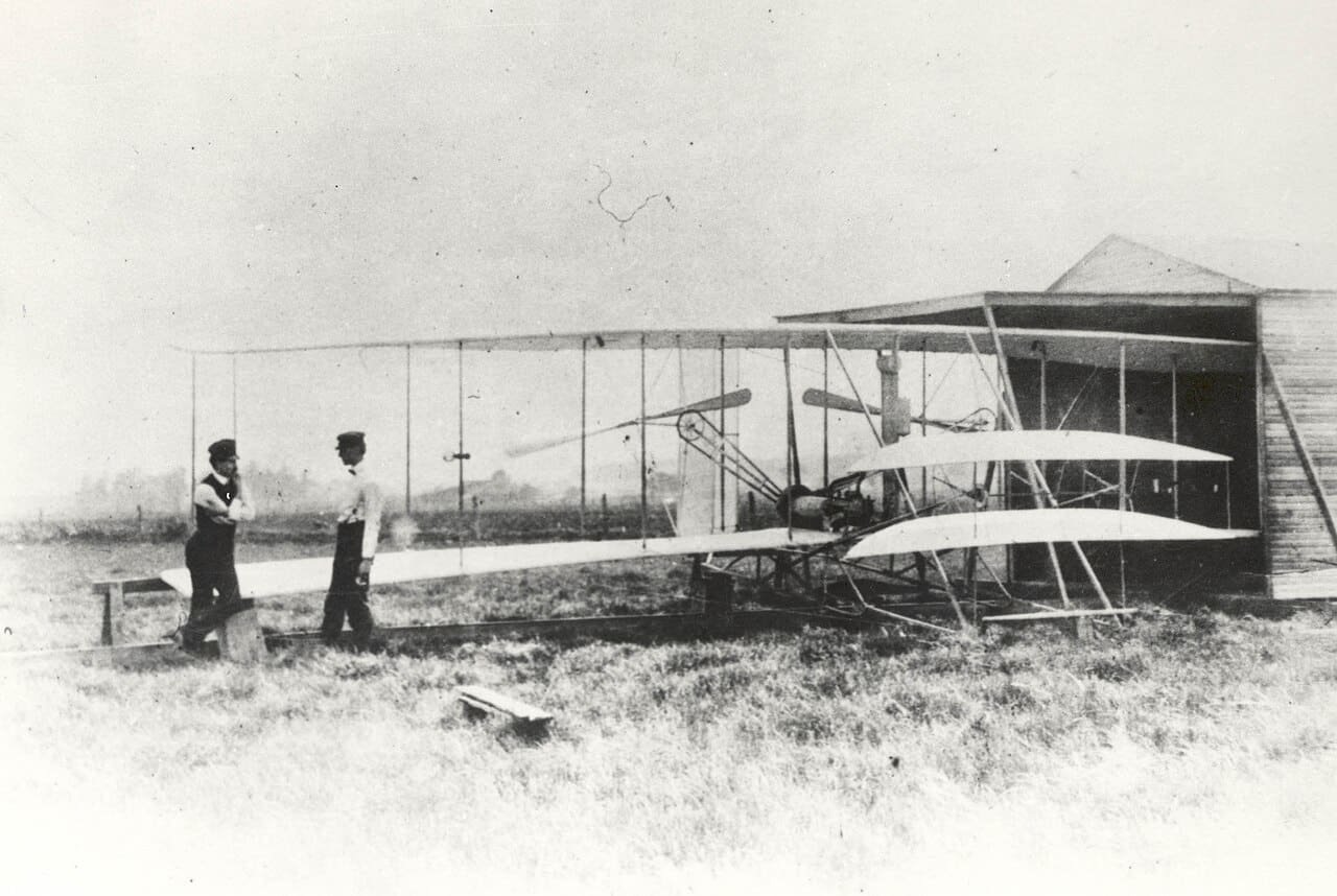 Wright Brothers with Flyer II aircraft at Huffman Prairie Ohio
