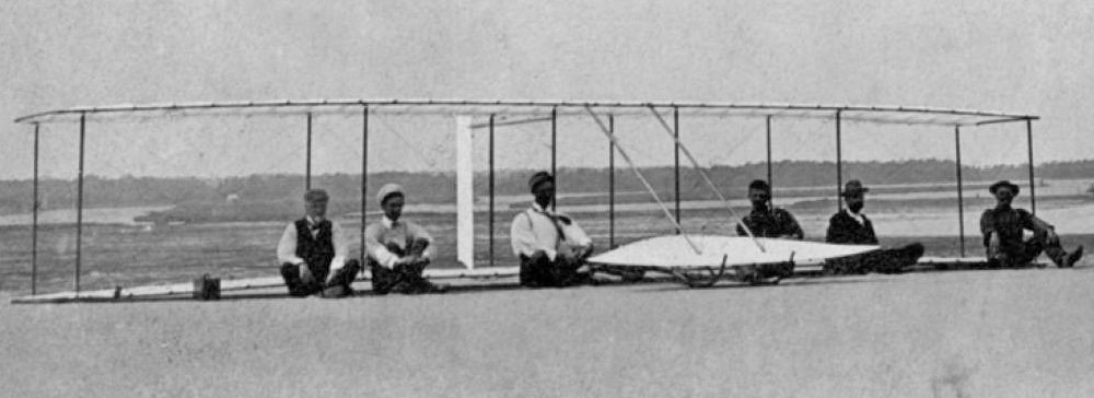 1902 Wright glider group photo with brothers and crew