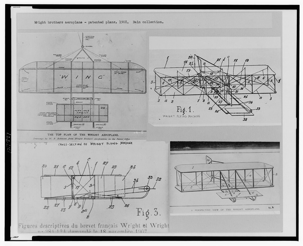 Wright Brothers patent drawings showing aircraft design