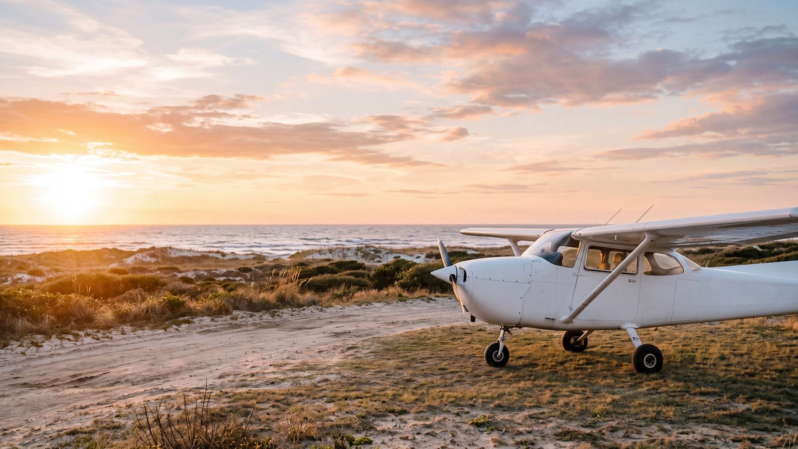 Light aircraft on the remote Billy Mitchell airstrip at Frisco surrounded by maritime scrub and dunes
