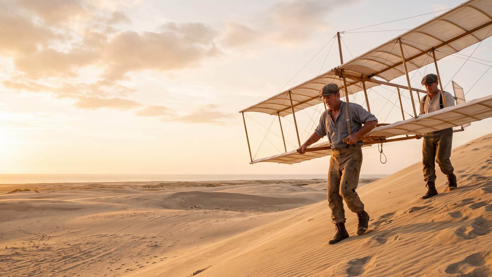 Two men in period clothes carrying a replica early-1900s glider up a bare sand dune
