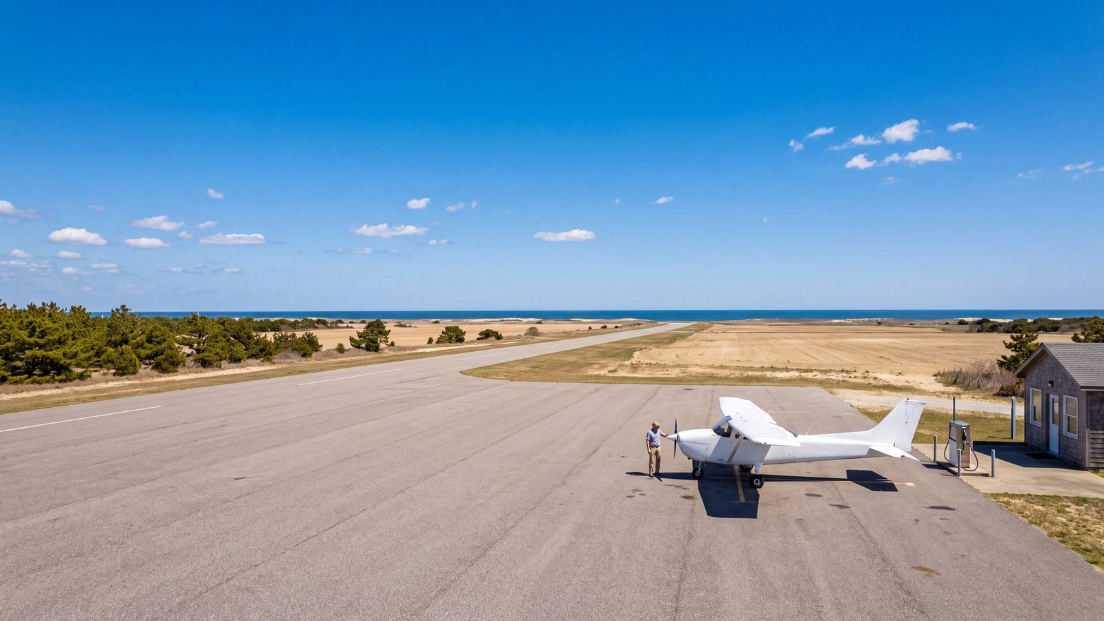 Light aircraft on the ramp at a small rural regional airport surrounded by farm fields and pines