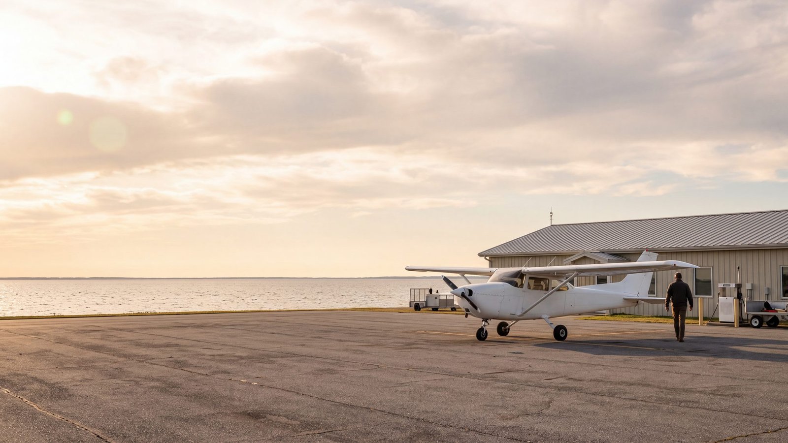 Light aircraft parked at a small regional airport on the shore of a wide sound with a low terminal building