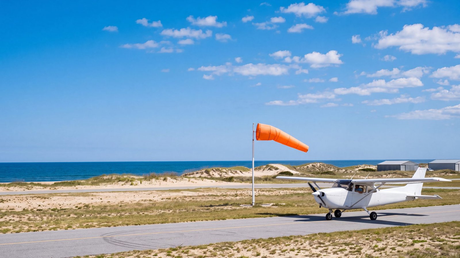 Light aircraft taxiing past an orange windsock at a small Outer Banks airfield with dunes and sea beyond