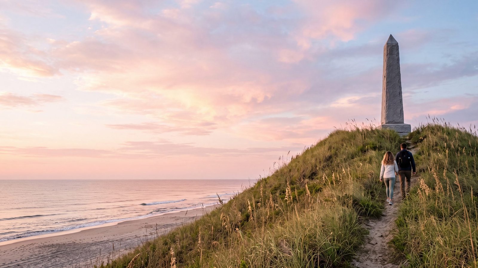 Couple walking the path up Big Kill Devil Hill to the Wright Brothers Memorial at sunrise