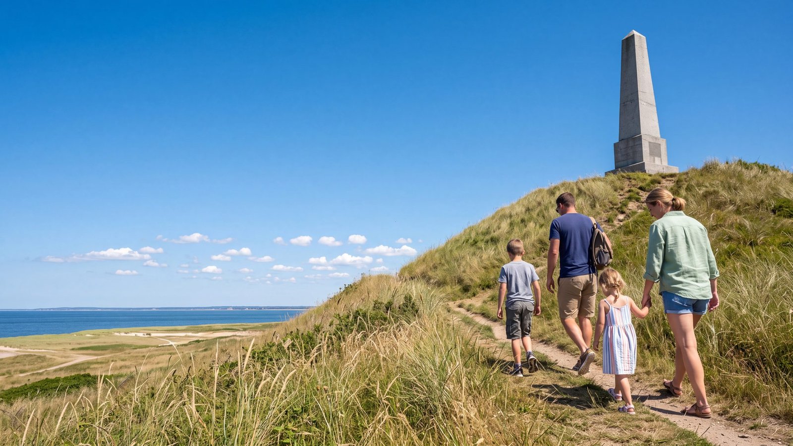 Family with two kids walking up the grassy slope toward the Wright Brothers Memorial pylon