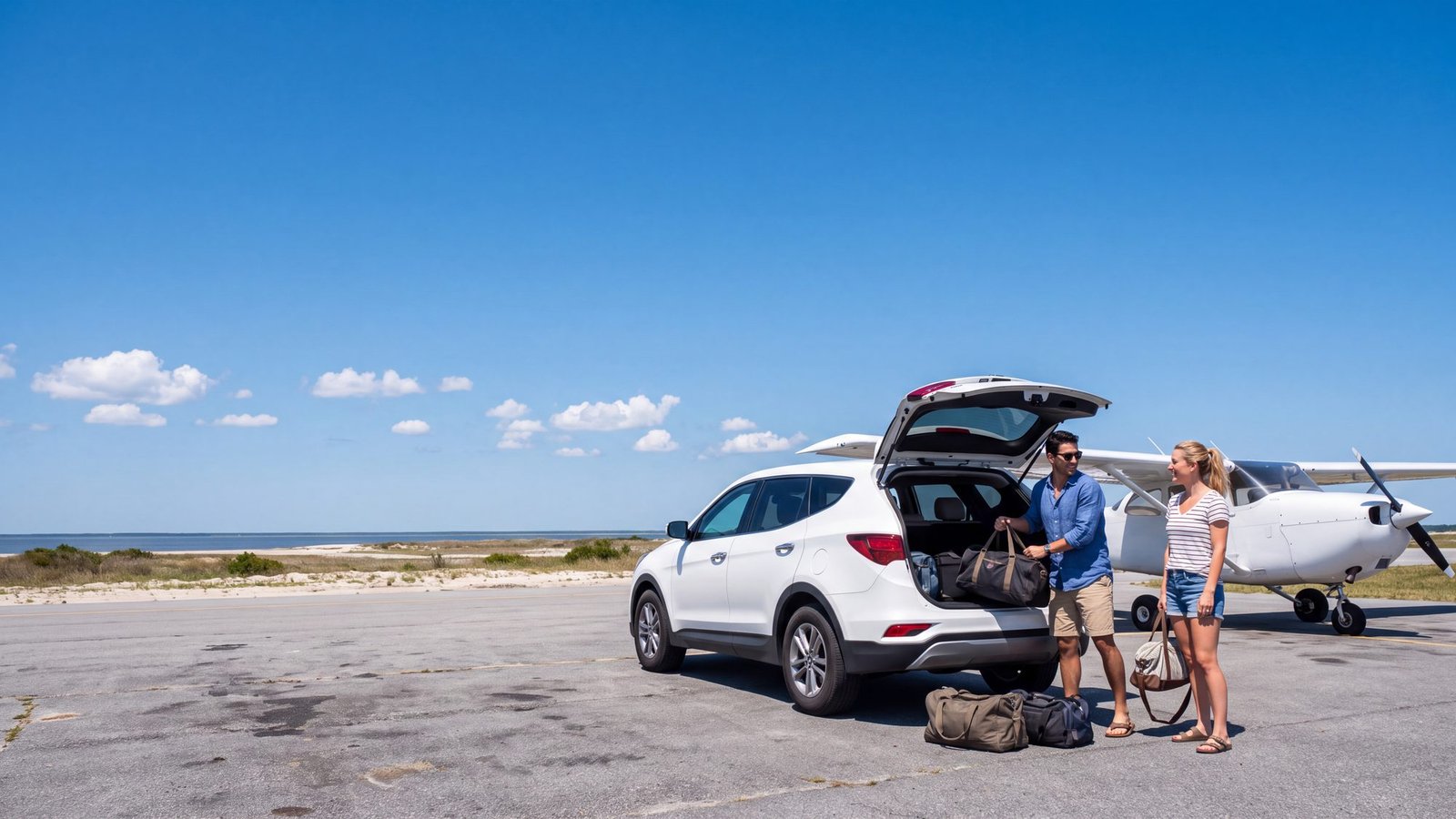 Couple loading bags into a white SUV on a small airport ramp with a light aircraft behind