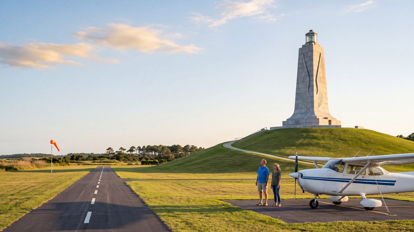 A white Cessna 172 parked on the apron at First Flight Airport (KFFA) in Kill Devil Hills, with the granite Wright Brothers Memorial pylon on the grassy Kill Devil Hill rising behind it.