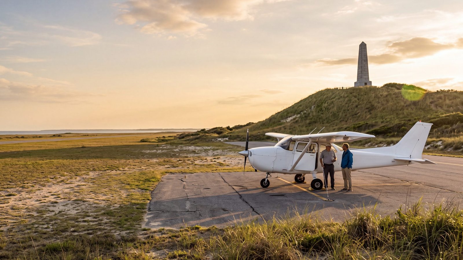 Small single-engine plane parked on the ramp at First Flight Airport with the Wright Brothers Memorial hill behind