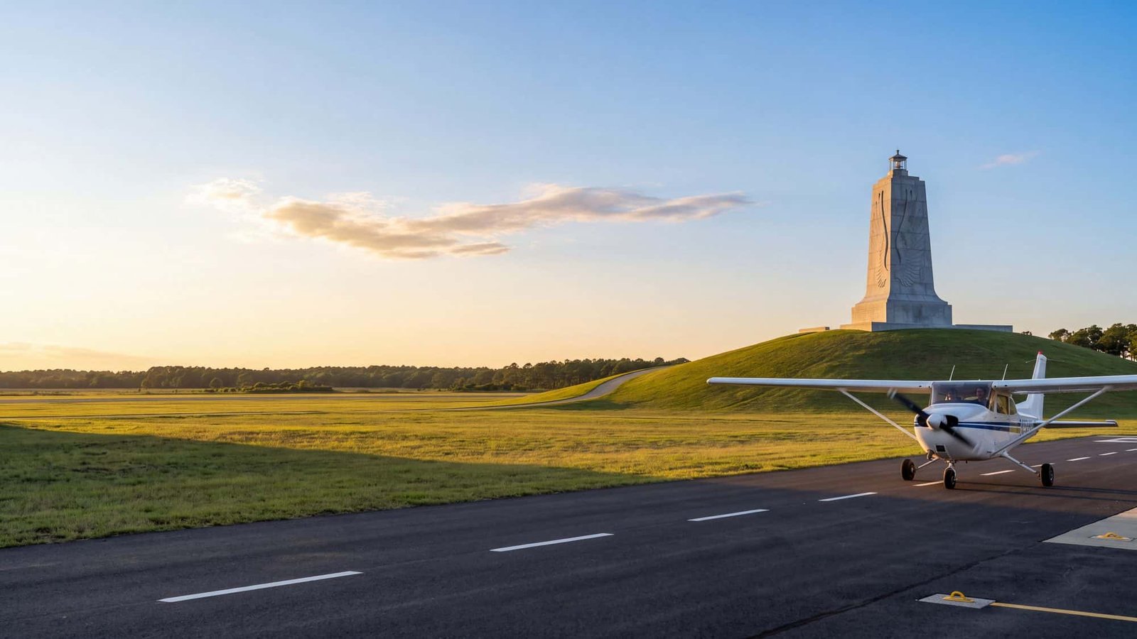 A single-engine high-wing aircraft taxiing along the asphalt at First Flight Airport in Kill Devil Hills, with the Wright Brothers Memorial on the grassy hill behind.