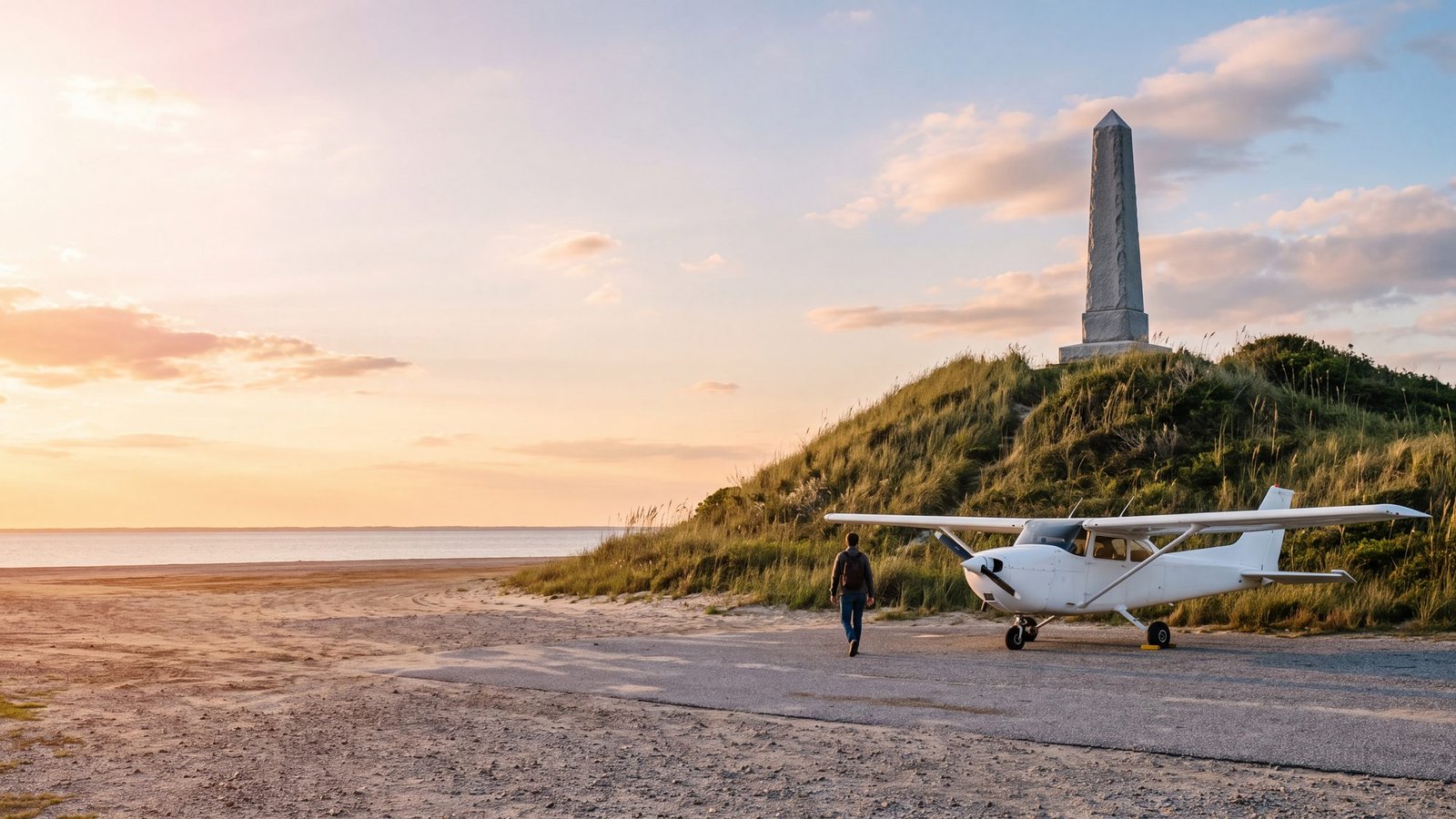 Light aircraft parked at golden hour at Kill Devil Hills with the Wright Brothers Memorial pylon on the hill