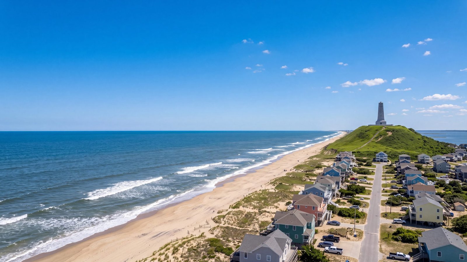 Aerial view of Kill Devil Hills beach houses between ocean and sound with the Wright Brothers Memorial hill