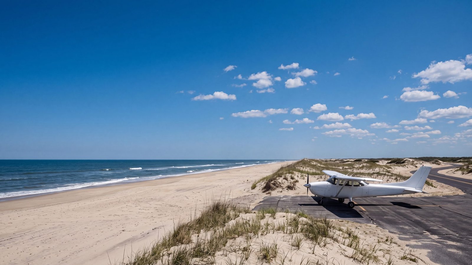 Light aircraft parked beside the tiny Ocracoke Island airstrip between the dunes and the beach