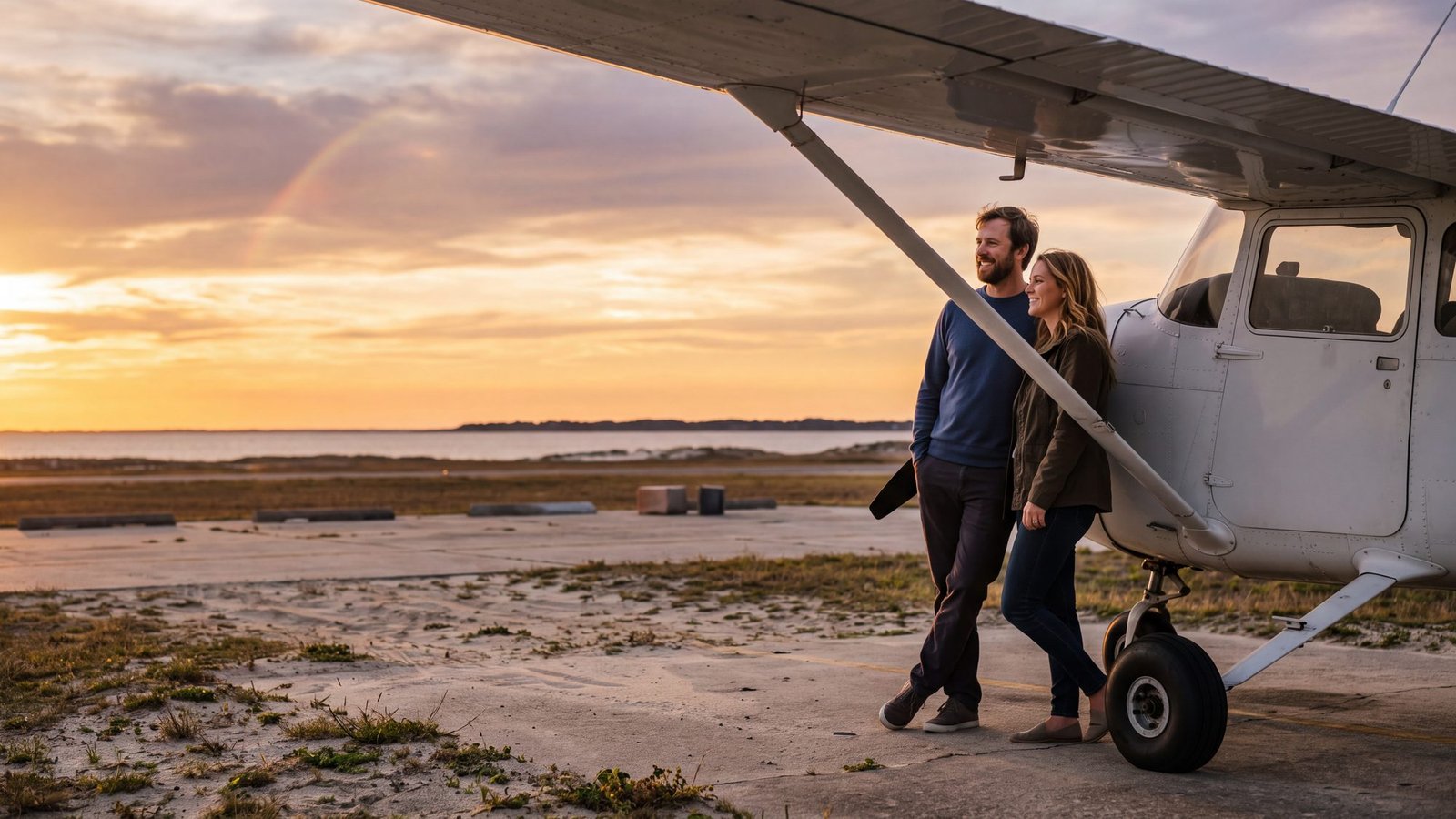 Couple leaning on the wing strut of a light aircraft at sunset on a small airfield ramp