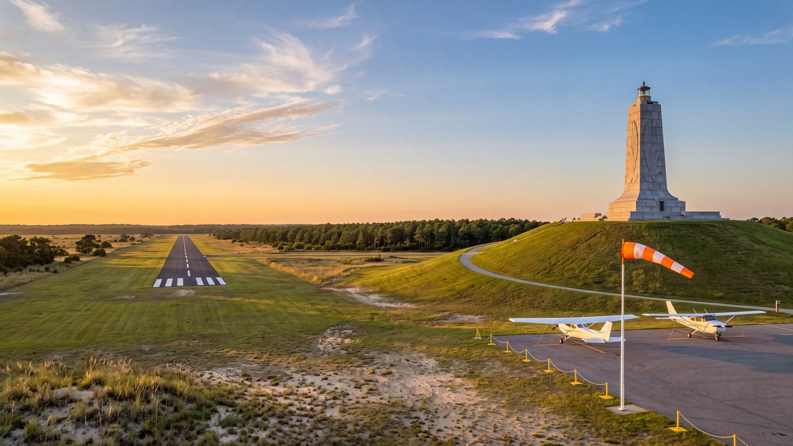 A view across First Flight Airport showing the asphalt runway with its threshold markings, two single-engine aircraft parked on the tie-down apron, an orange windsock, and the Wright Brothers Memorial on the hill beyond.