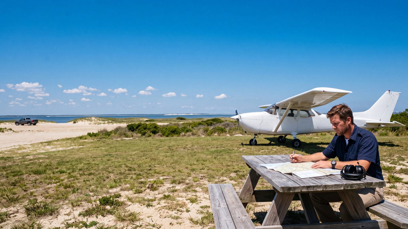 Pilot at a picnic table studying a folded paper map beside a light aircraft on an Outer Banks airfield