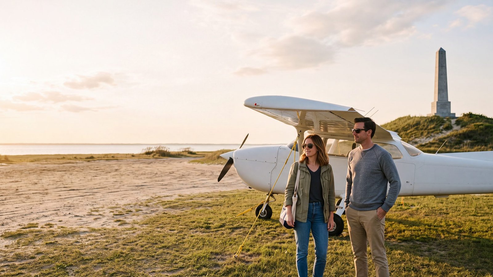 Couple beside a tied-down light aircraft on the First Flight Airport ramp with the memorial hill behind