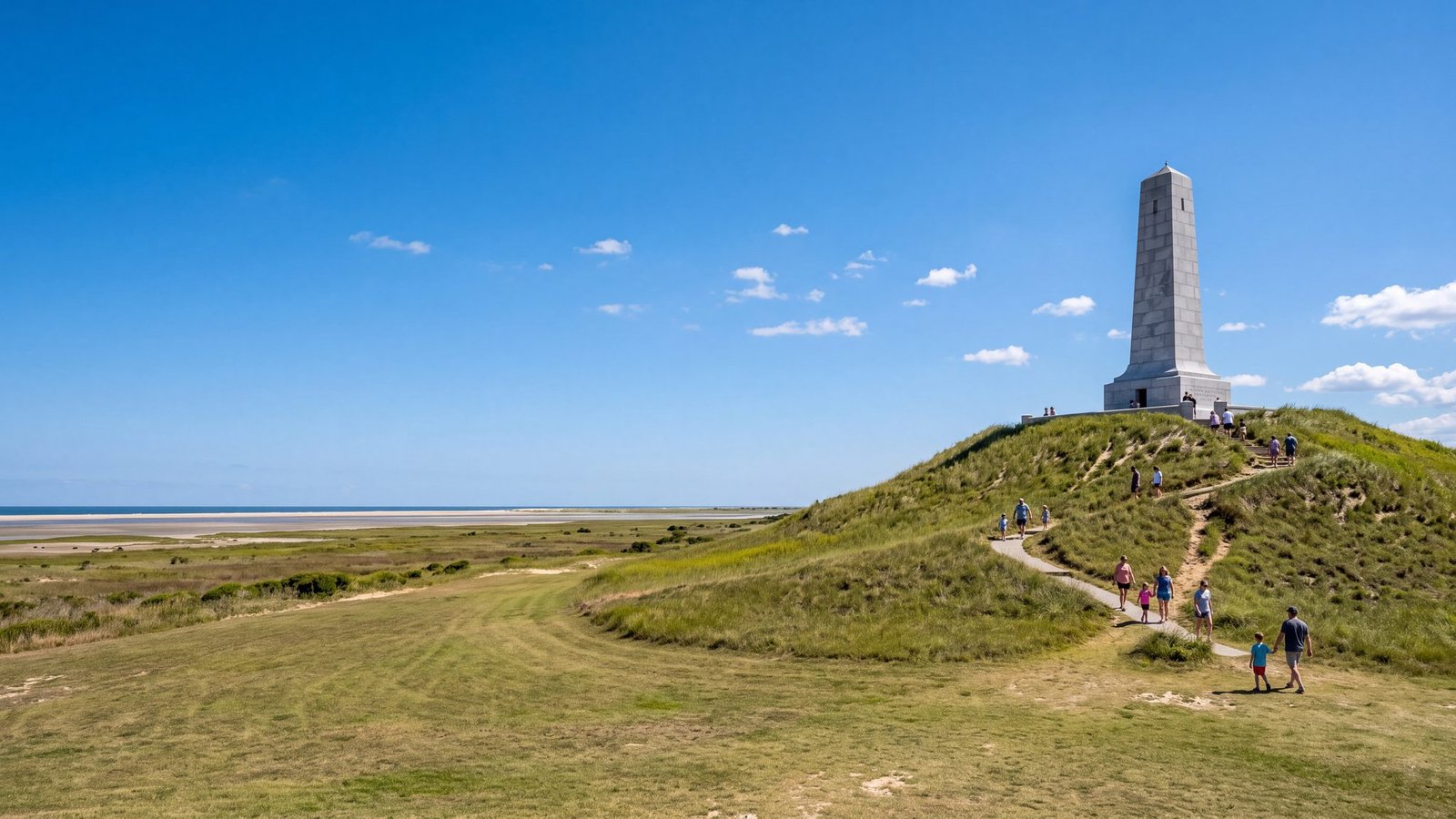 Visitors on the lawn paths below the Wright Brothers National Memorial pylon in Kill Devil Hills