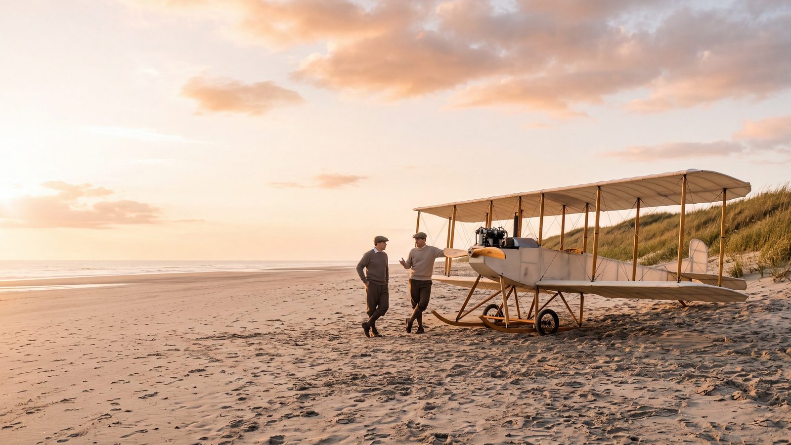 Replica early-1900s Wright biplane flyer displayed on the sand with a low grassy hill behind